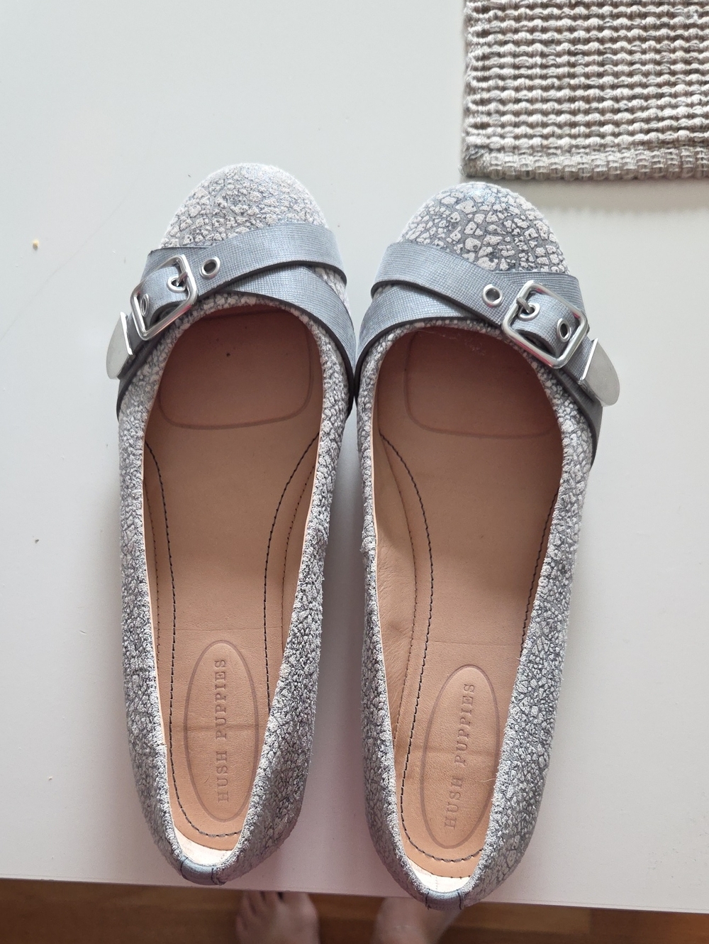 Hush Puppies Silver Gray Textured Ballet Flats with Buckle
